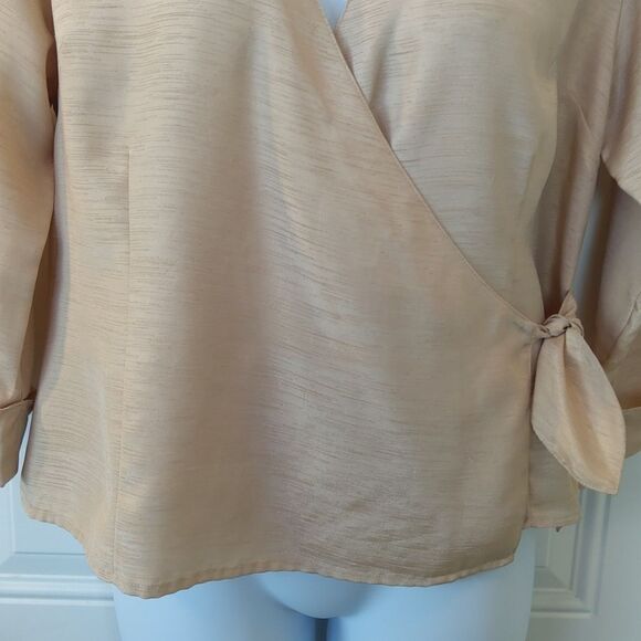 Selene Sport tan 3/4 cuff sleeve wrap front blouse - Picture 4 of 12